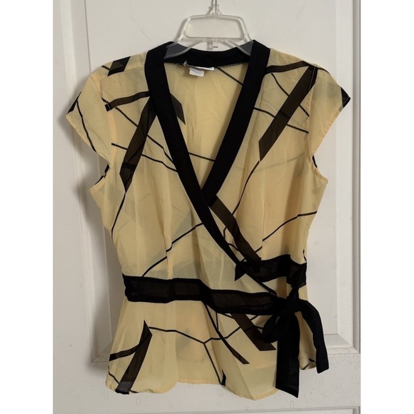 dressbarn Tops - Vtg 90s Womens Sheer Abstract Wrap Blouse Shirt Top Yellow Large Dressbarn USA